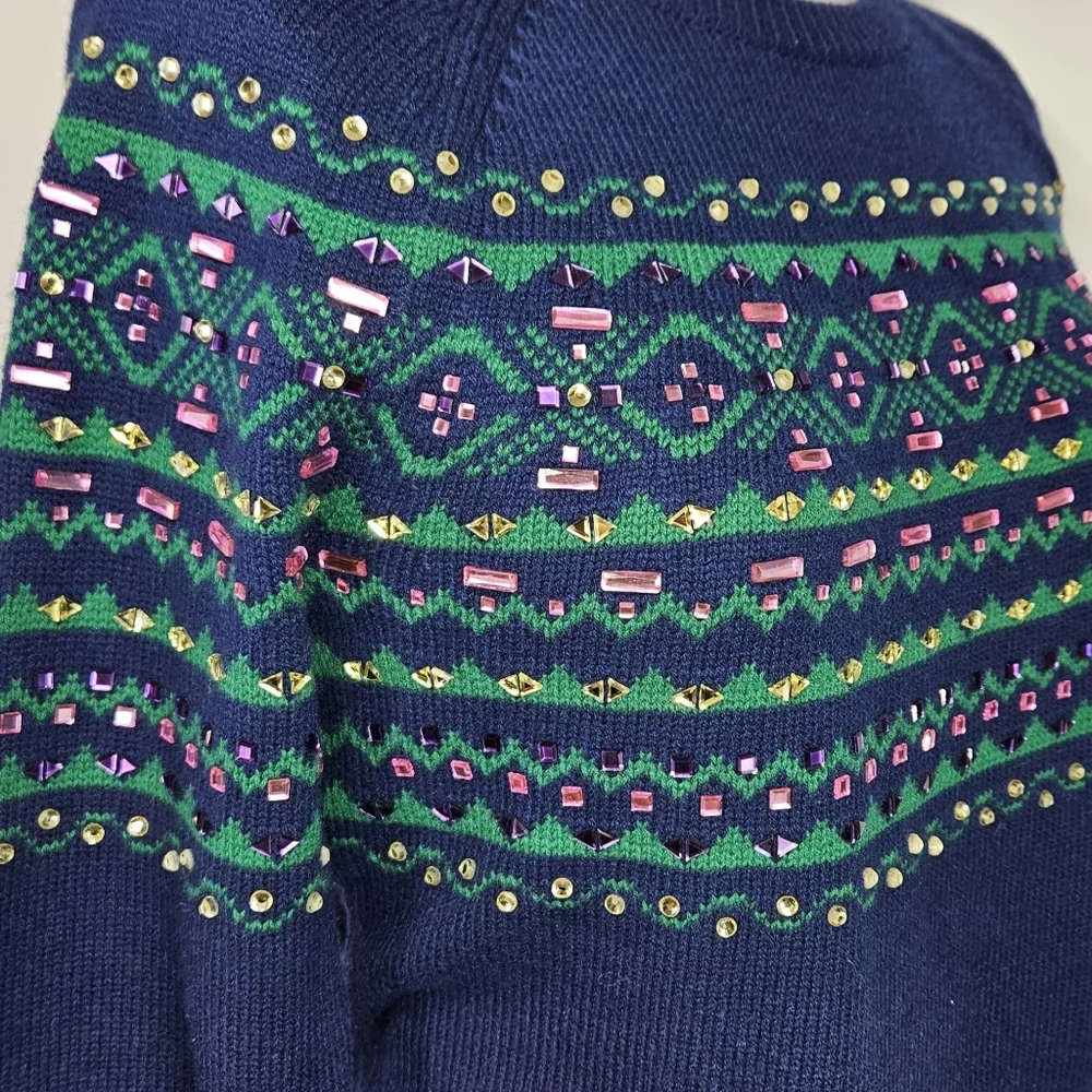 Talbots Size LP Sweater Fair Isle Gemstone Sparkle Navy Pastel Heavy Tight Knit